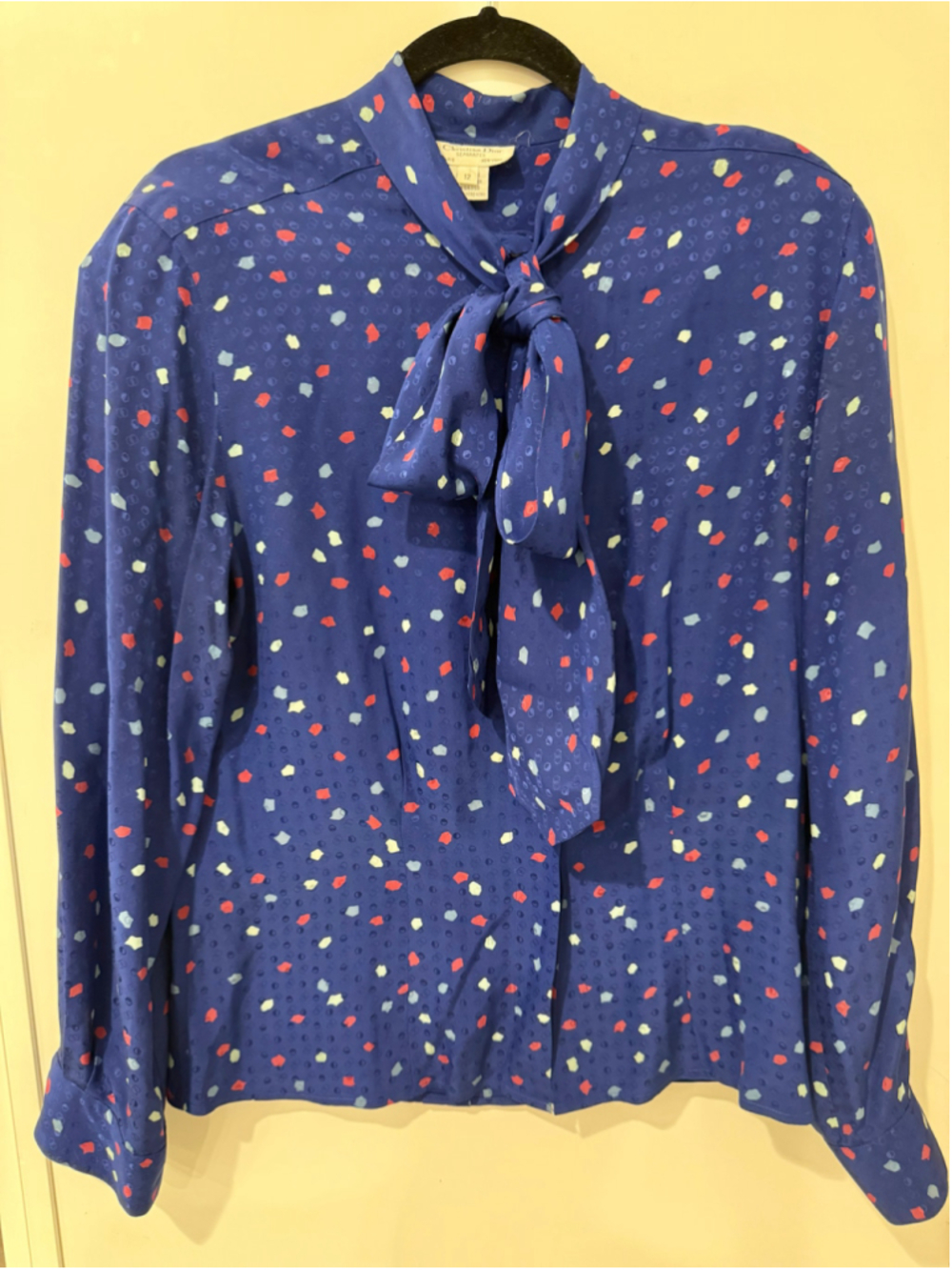 Vintage 80s Christian Dior Separates 100% Silk Bow Blouse Size 12 Blue